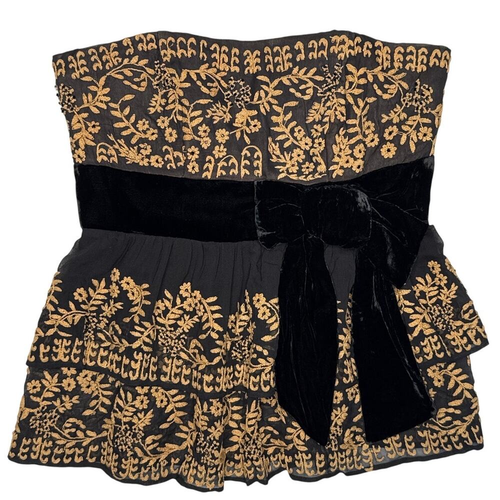 Plenty Tracy Reece silk strapless gold black velvet beaded tiered formal top 8